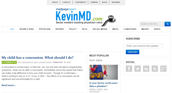 A KevinMD blog nyitóoldala.